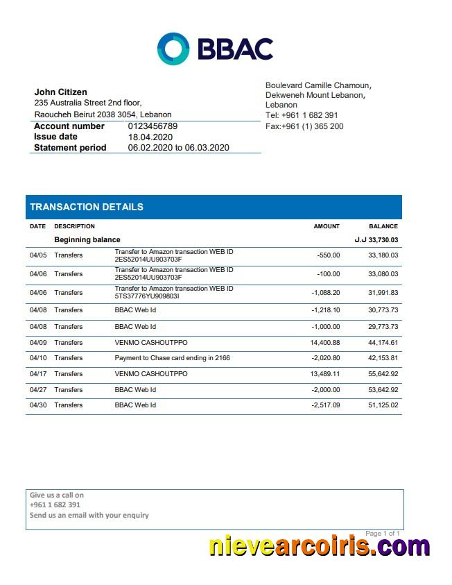 Lebanon BBAC Bank statement